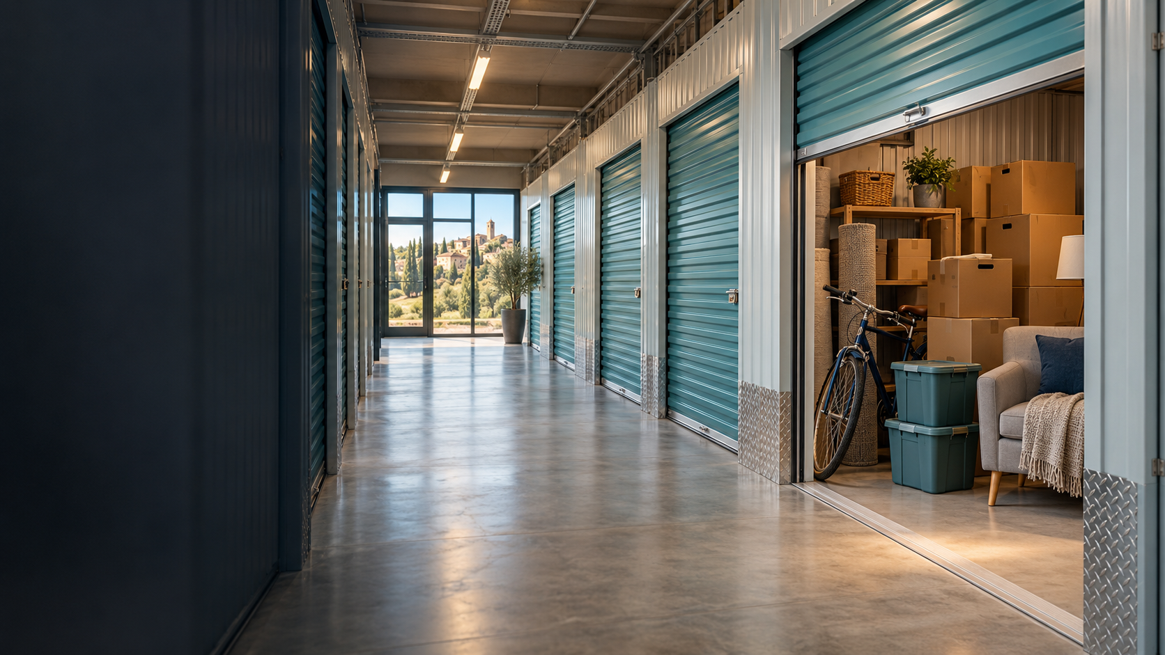 Corridoio pulito di un moderno deposito self-storage con un box aperto